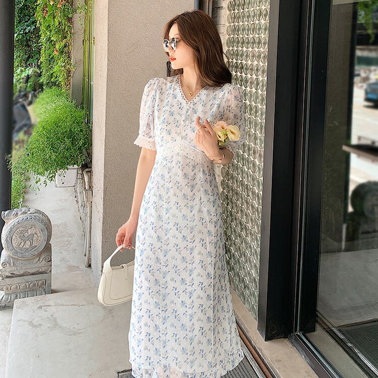 花柄Aラインワンピース 半袖 シースルー[品番：JSFW0009607]｜JS