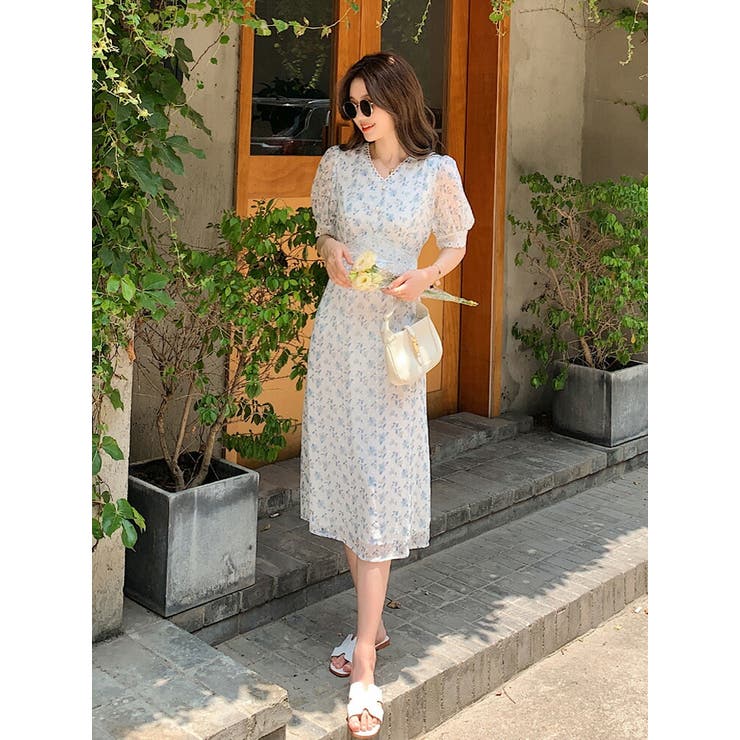 花柄Aラインドレス ベージュ 半袖 花柄Aラインワンピース 半袖 シースルー[品番：JSFW0009607]｜JS