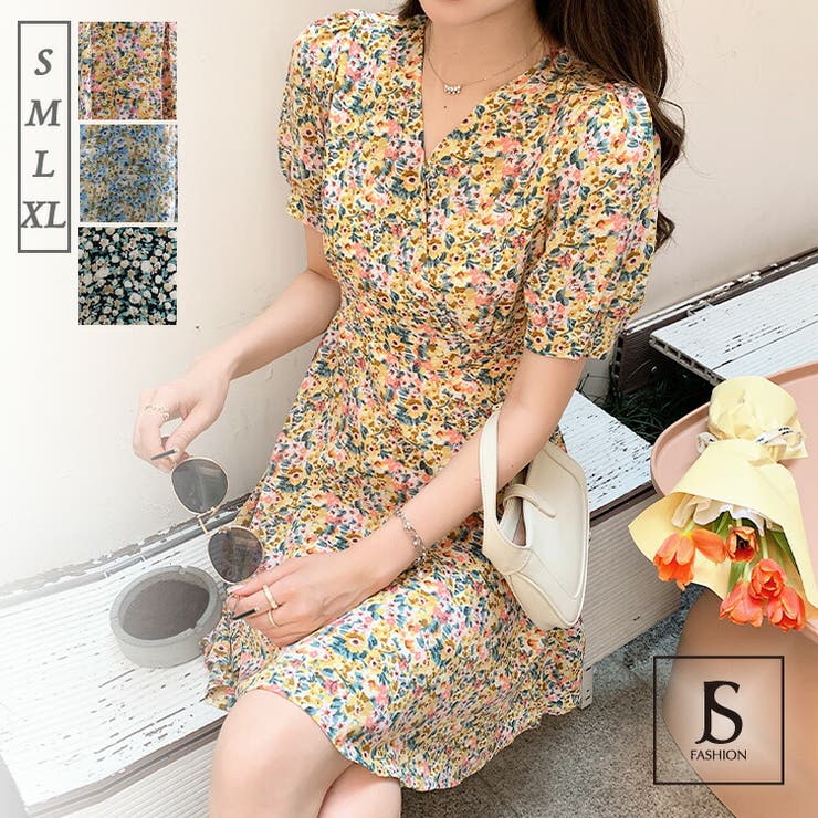 花柄ワンピース 全3色 Aラインミニワンピース[品番：JSFW0009609