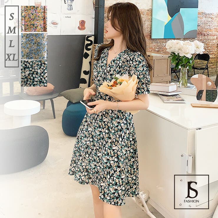 花柄ワンピース 全3色 Aラインミニワンピース[品番：JSFW0009609
