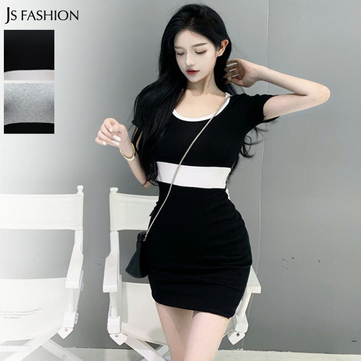 タイトワンピース 全2色 配色[品番：JSFW0009577]｜JS FASHION