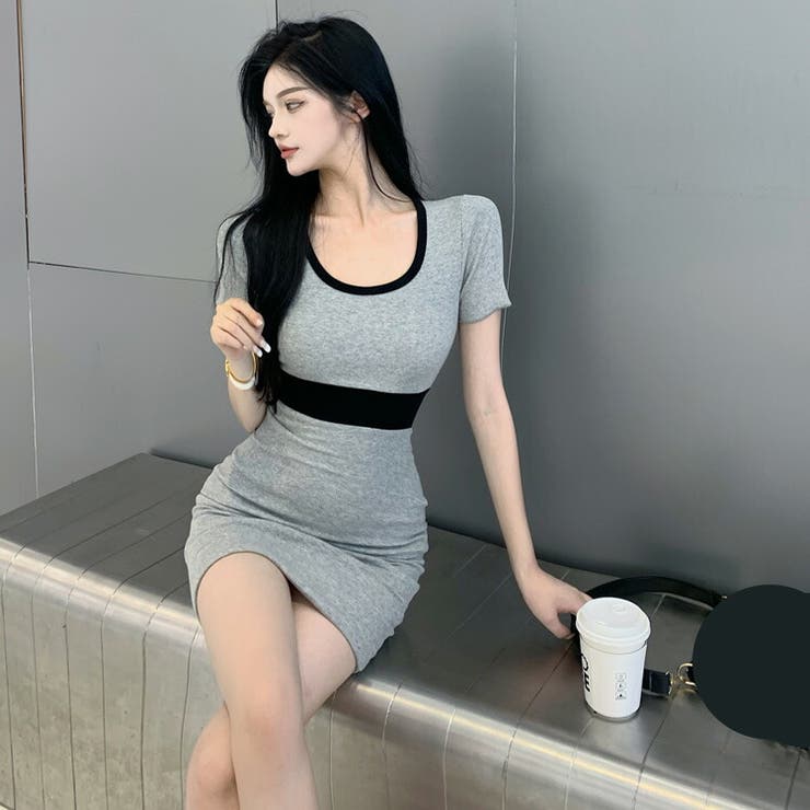 タイトワンピース 全2色 配色[品番：JSFW0009577]｜JS FASHION