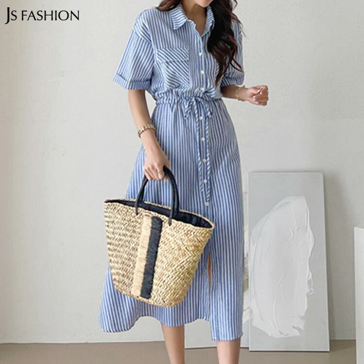 デニムシャツワンピース ストライプ柄 ロングワンピース[品番