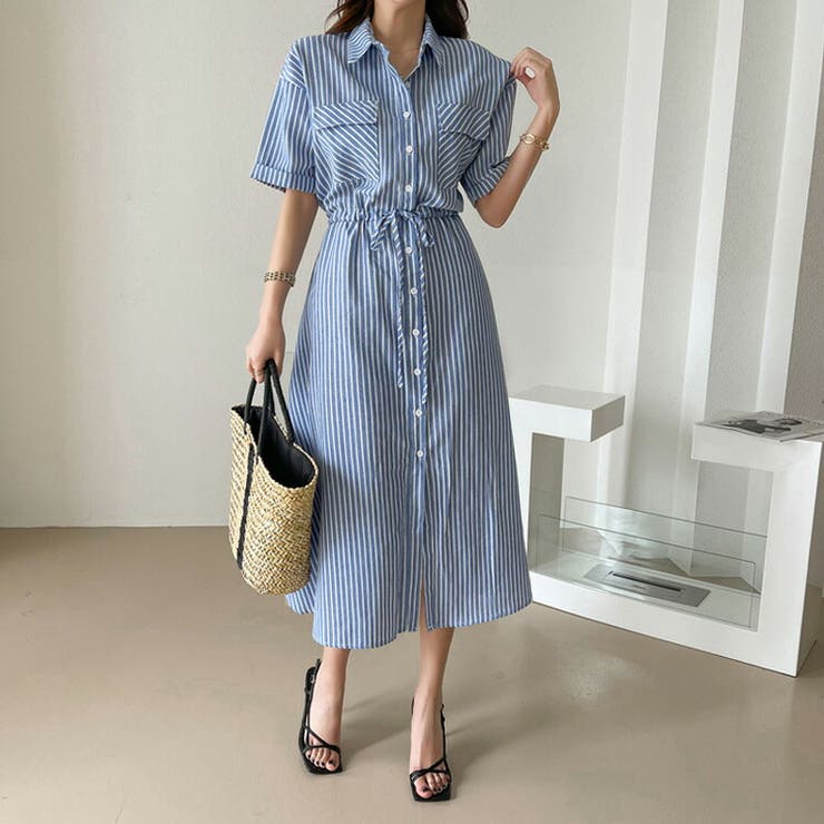 デニムシャツワンピース ストライプ柄 ロングワンピース[品番 デニムシャツワンピース ストライプ柄 ロングワンピース[品番