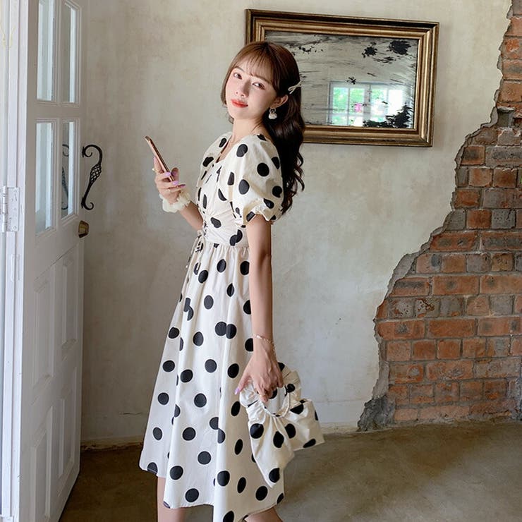 ドット柄ロングワンピース オフショルダー Aライン[品番