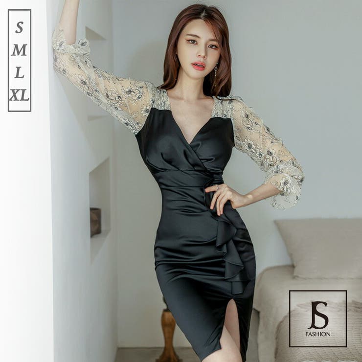 タイトワンピース 刺繍レース切替 七分袖[品番：JSFW0009361]｜JS  FASHION（ジェーエスファッション）のレディースファッション通販｜SHOPLIST（ショップリスト）