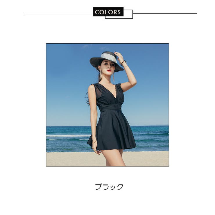 レイヤード風ワンピース水着 レディース 黒[品番：JSFW0009533