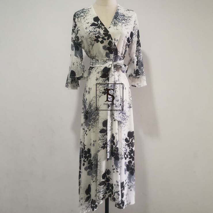 花柄ワンピース 全2色 Aラインロングワンピース[品番 花柄ワンピース 全2色 Aラインロングワンピース[品番