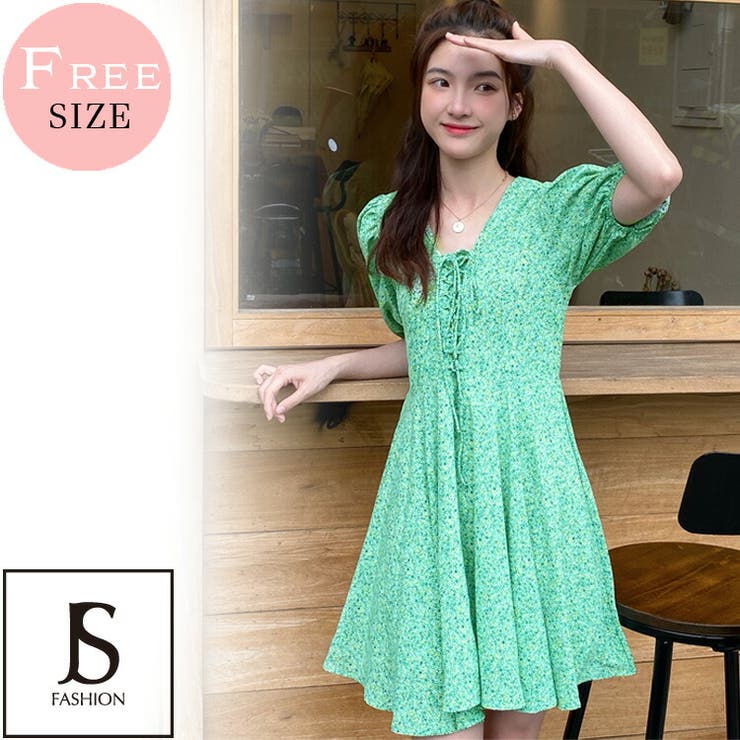   パフショルダー Aライン ワンピース 花柄ワンピース Aラインワンピース パフショルダー[品番