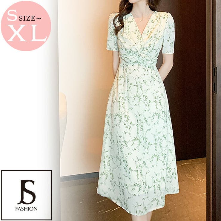 小花柄ワンピース Aラインロングワンピース バストツイスト[品番