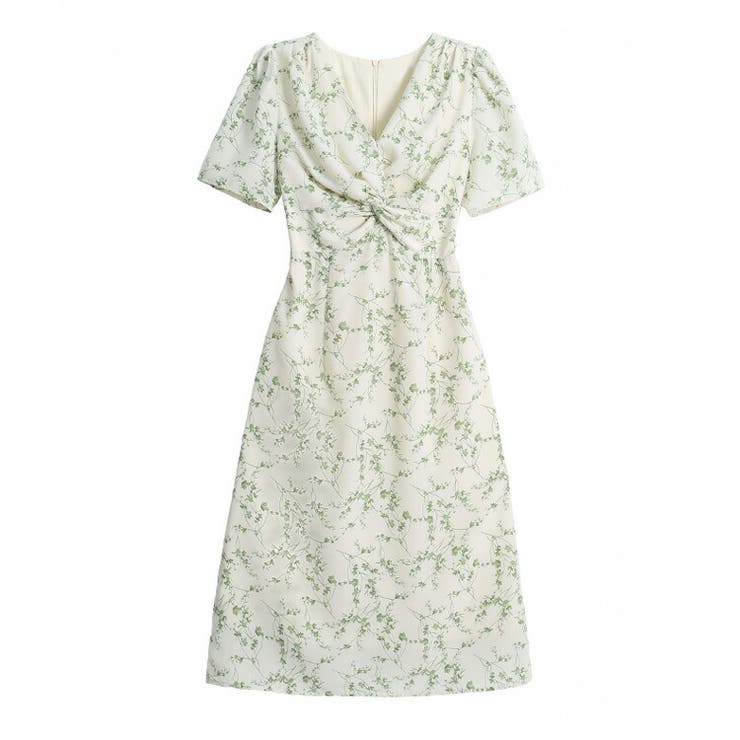 小花柄ワンピース Aラインロングワンピース バストツイスト[品番