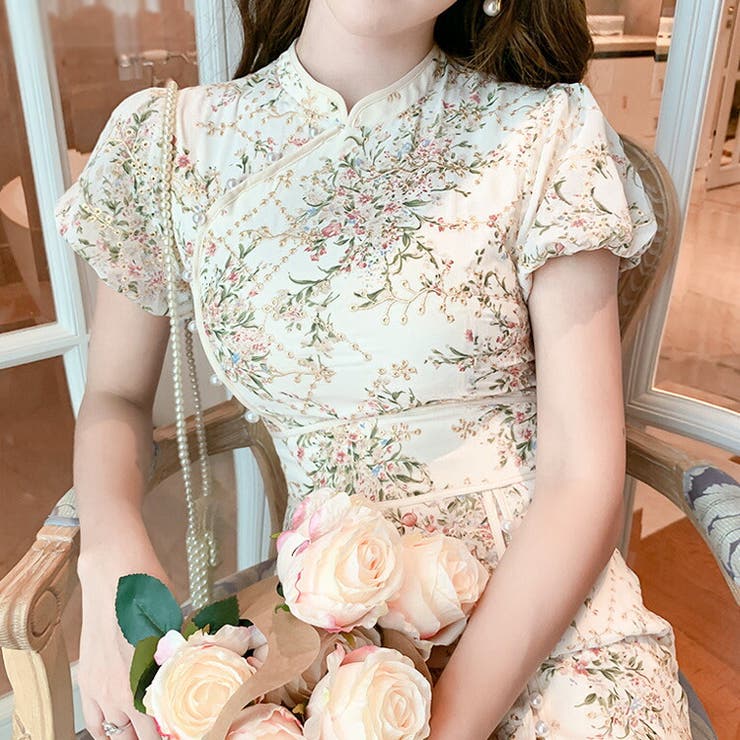 【極美品】バラ柄チャイナドレス　ロングワンピース　サイドスリット　花柄　コスプレ