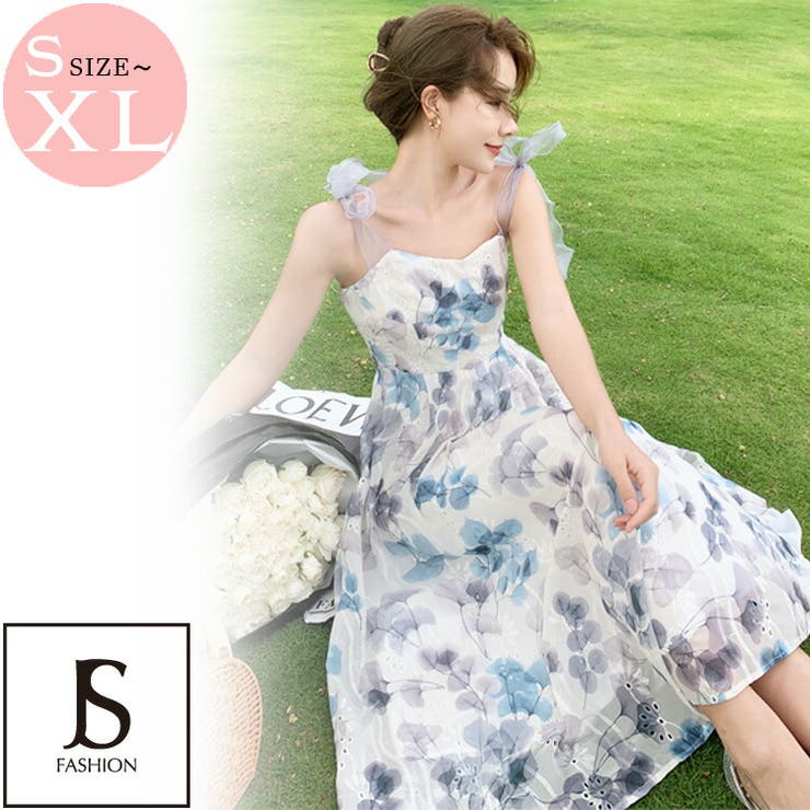 花柄ワンピース リゾートワンピース 肩リボン[品番：JSFW0009648]｜JS