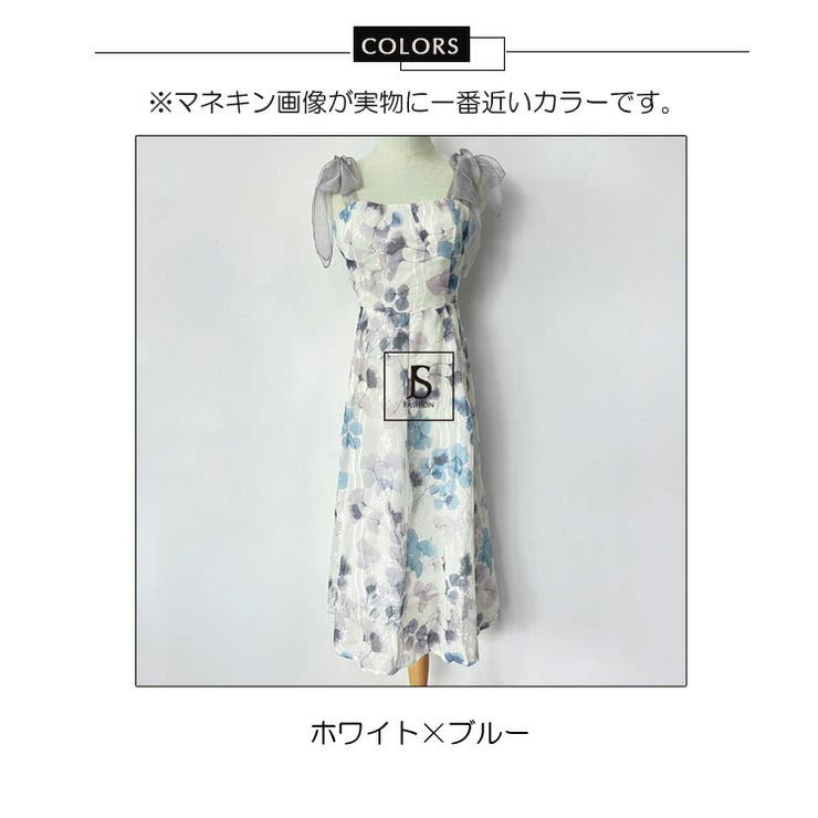 花柄ワンピース リゾートワンピース 肩リボン[品番：JSFW0009648