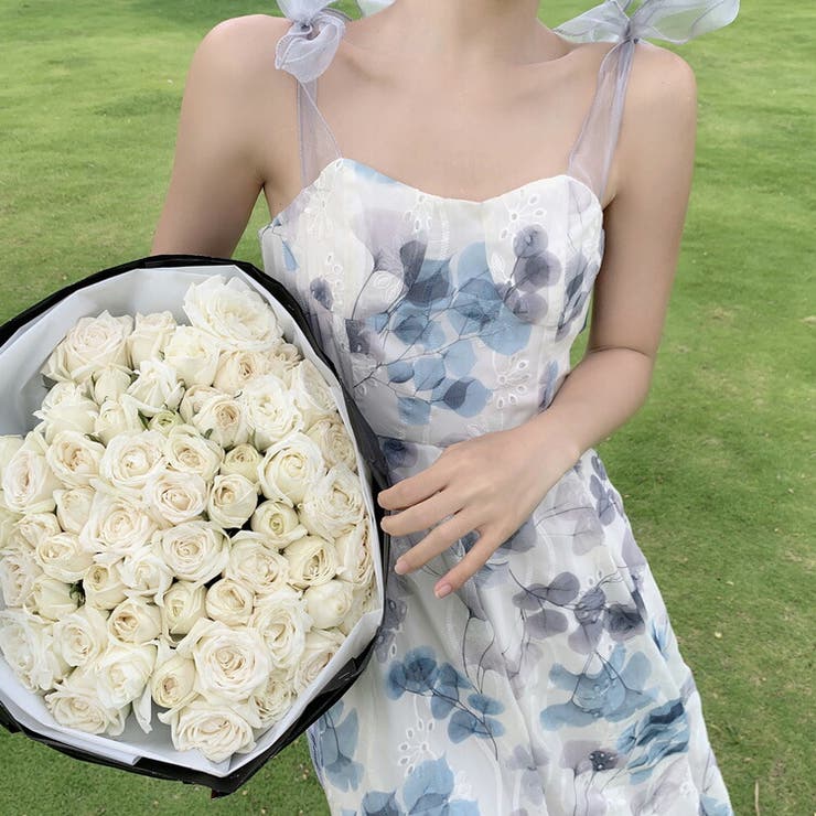 花柄ワンピース リゾートワンピース 肩リボン[品番：JSFW0009648]｜JS