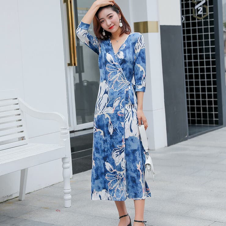 半額sale - タイムセールをお見逃しなく 全開カシュクールロングワンピース Vネック[品番 花柄ワンピース Mサイズ