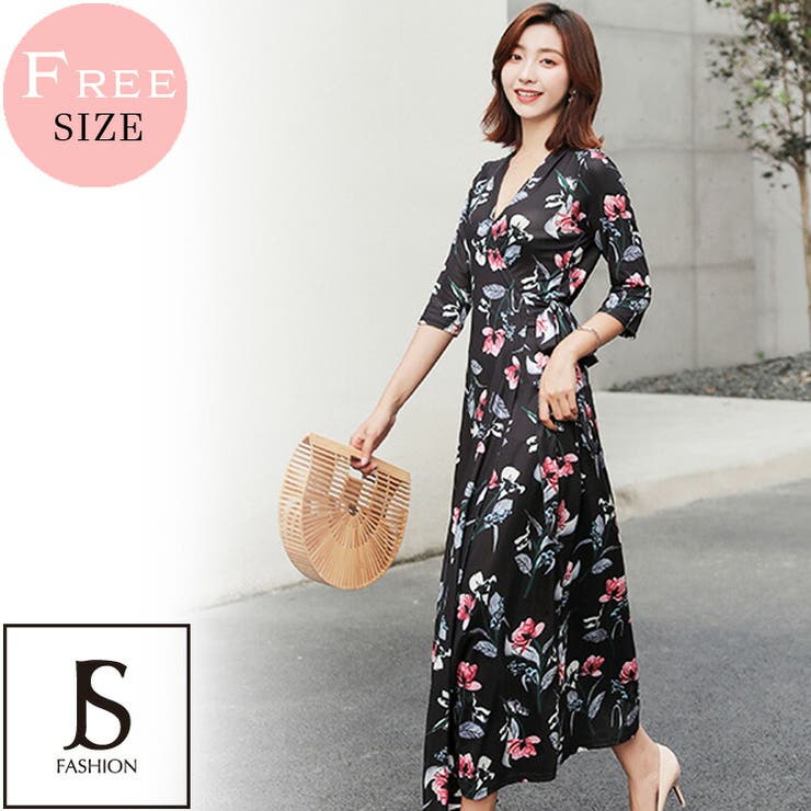 全開カシュクールロングワンピース 花柄ワンピース Vネック[品番