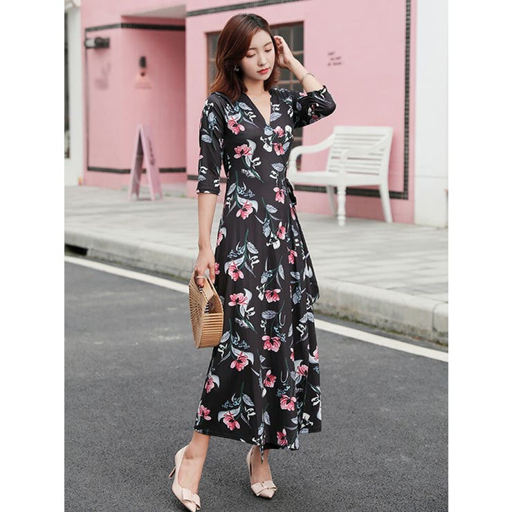 全開カシュクールロングワンピース 花柄ワンピース Vネック[品番