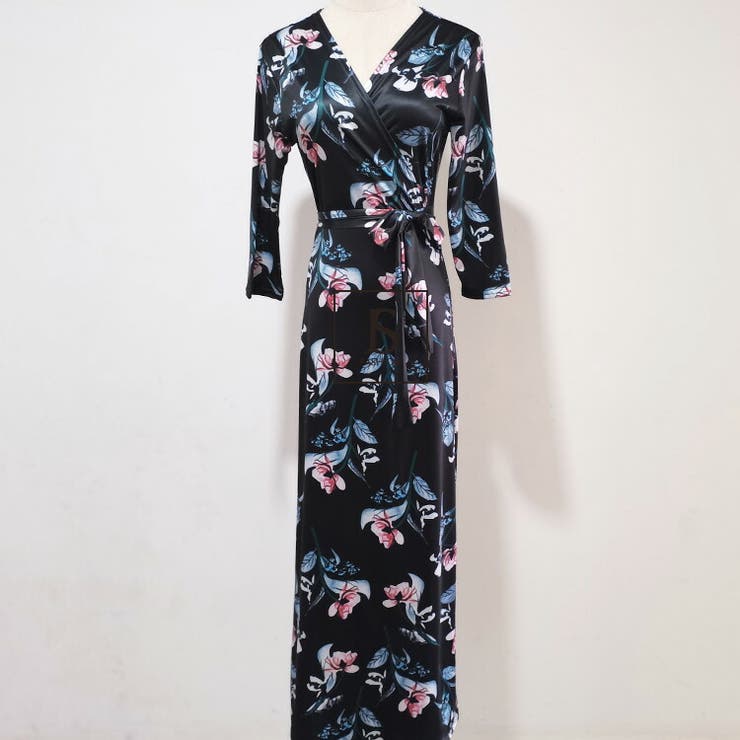 全開カシュクールロングワンピース 花柄ワンピース Vネック[品番