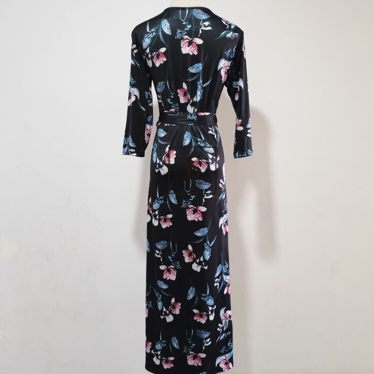 全開カシュクールロングワンピース 花柄ワンピース Vネック[品番