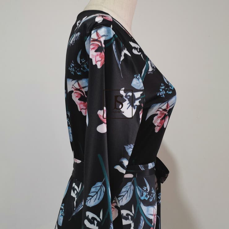 全開カシュクールロングワンピース 花柄ワンピース Vネック[品番