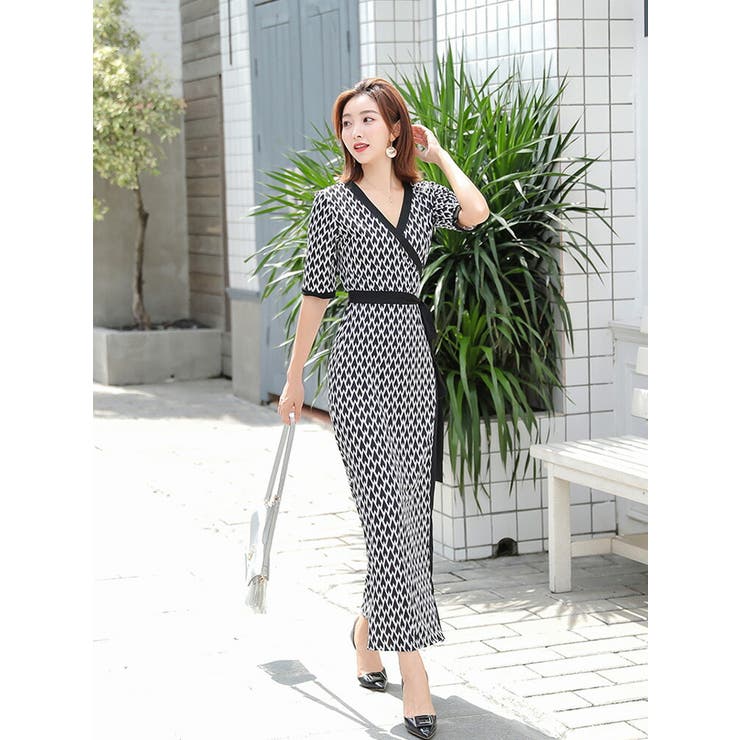 全開カシュクールロングワンピース 柄ワンピース Vネック[品番 全開カシュクールロングワンピース 柄ワンピース Vネック[品番