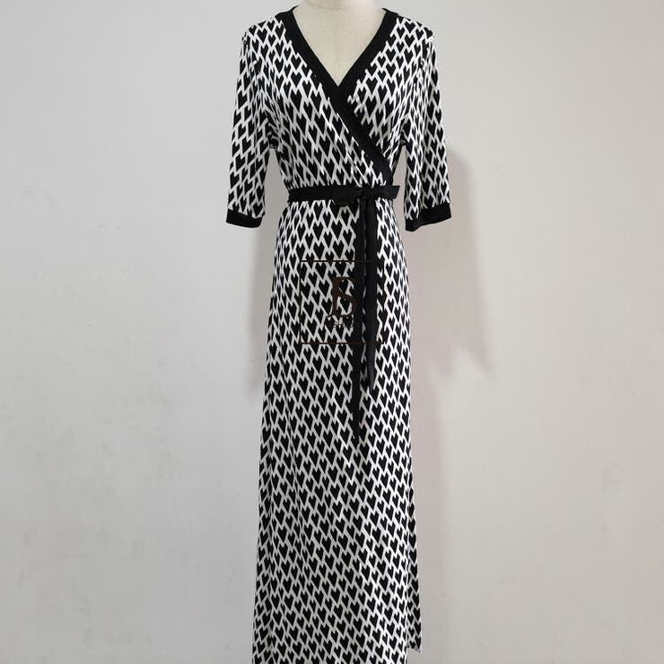 全開カシュクールロングワンピース 柄ワンピース Vネック[品番 全開カシュクールロングワンピース 柄ワンピース Vネック[品番