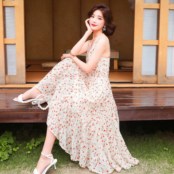 小花柄キャミワンピース Aライン ティアードロングワンピース