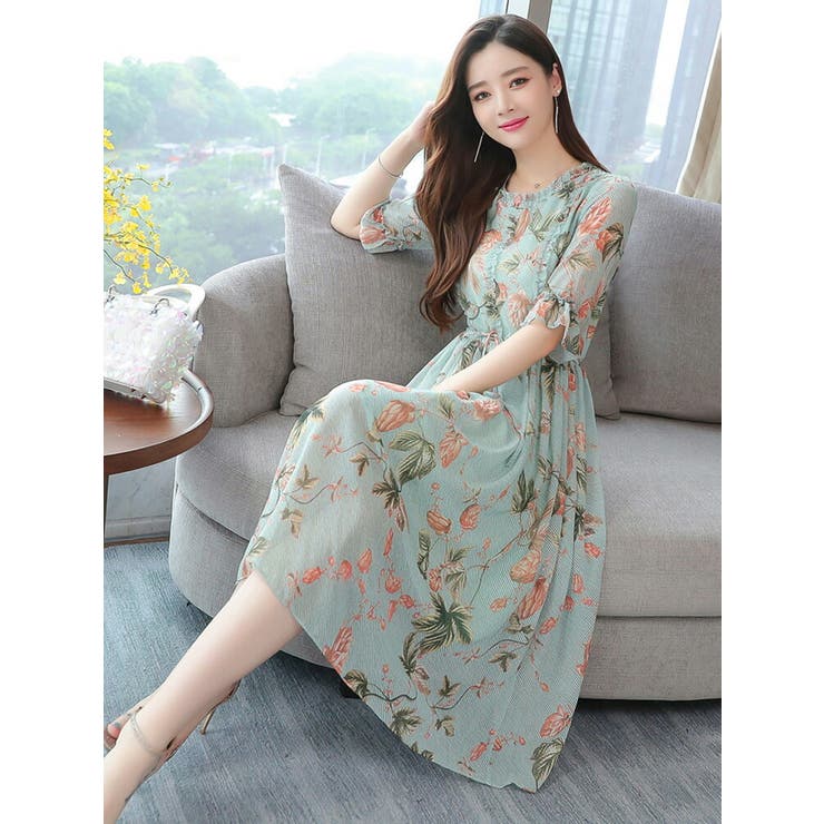 花柄ワンピース Aライン ロングワンピース[品番：JSFW0010597