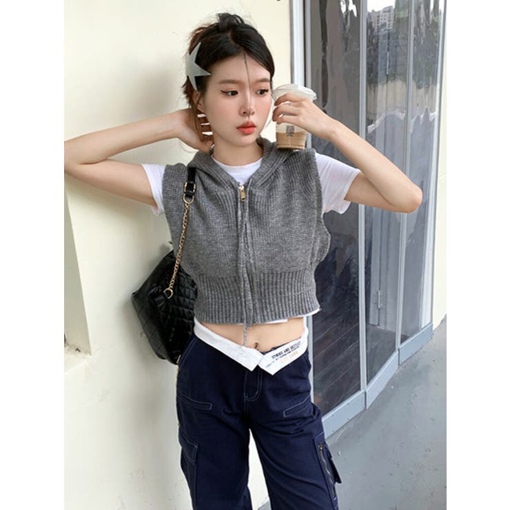 品揃え豊富で ニットベスト フード付き クロップド丈[品番：JSFW0009715]｜JS アイドル