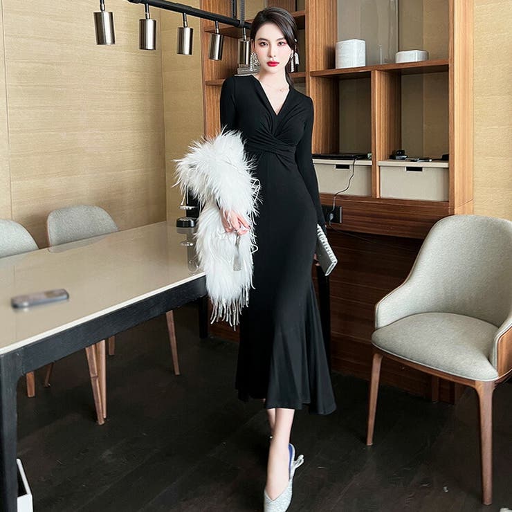 マーメイドワンピース クロスデザイン パーティードレス[品番