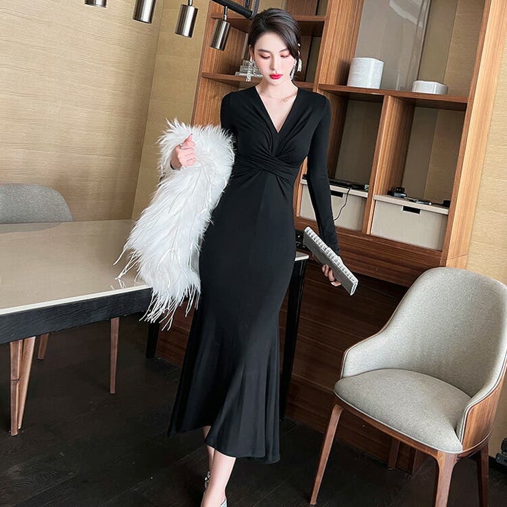 マーメイドワンピース クロスデザイン パーティードレス[品番