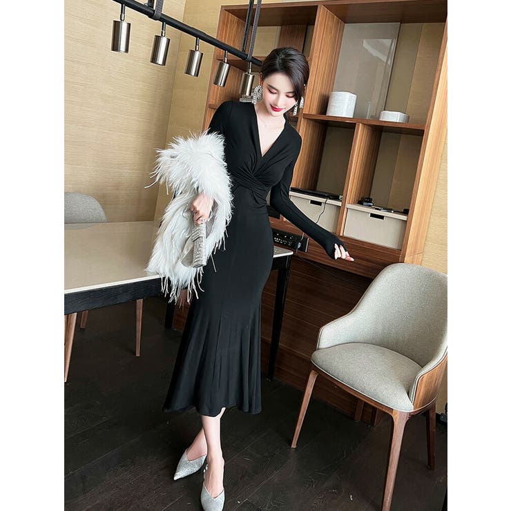 マーメイドワンピース クロスデザイン パーティードレス[品番