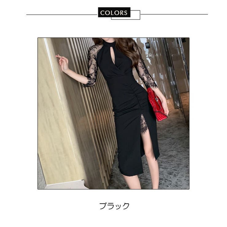 タイトワンピース レース切替 パーティードレス[品番