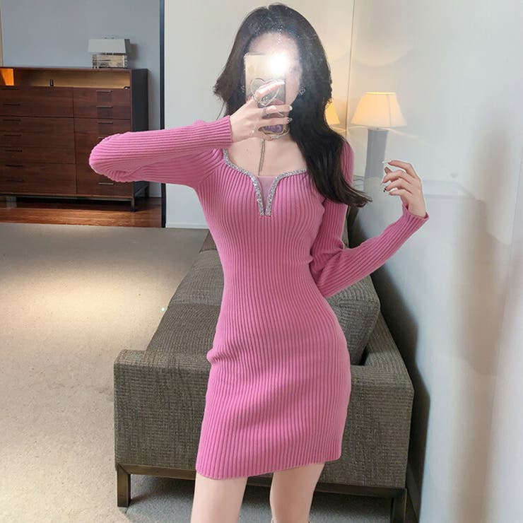 2色 ツイード ニット ワンピース 長袖 ビジュー ひざ上 高見え ニットワンピ 全2色 半袖[品番：JSFW0014494]｜JS FASHION