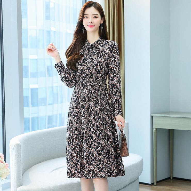 小花柄ワンピース Aライン 首元リボン[品番：JSFW0009786]｜JS