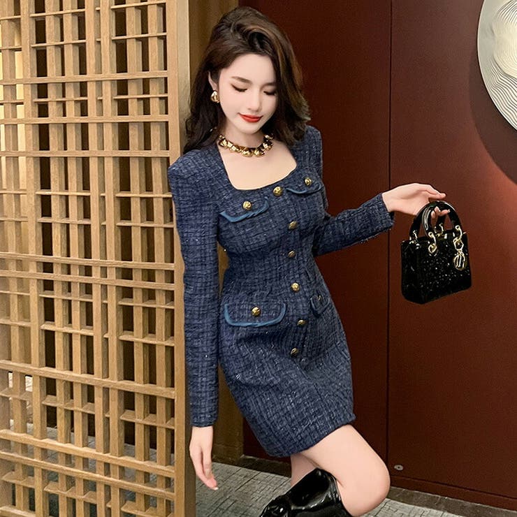 ツイード ワンピース ミニ丈 タイト ドレス ミニワンピ 長袖 5 ワンピース ツイード ミニワンピ[品番：JSFW0012225]｜JS