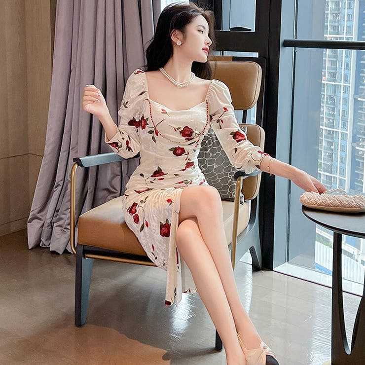 花柄ワンピ 総柄 ベロア[品番：JSFW0012452]｜JS FASHION