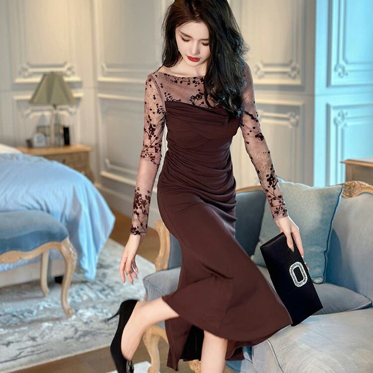 花柄のデザインが美しい シースルーの7分袖のイブニングドレス 大人気