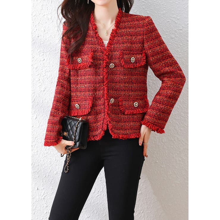 スナイデル ツイードジャケット赤 セットアップ可 RED ノーカラー