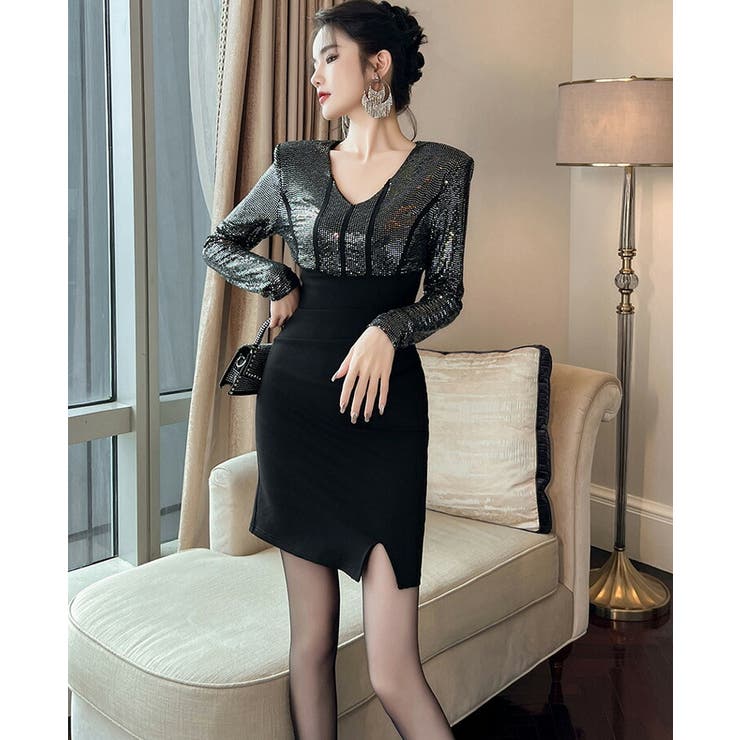 タイトワンピ ライン入り キラキラ[品番：JSFW0012602]｜JS FASHION