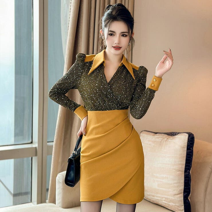 抜群のおしゃれ見え イエロー 萎び Vネック 豪華なバックリボン 二次会  