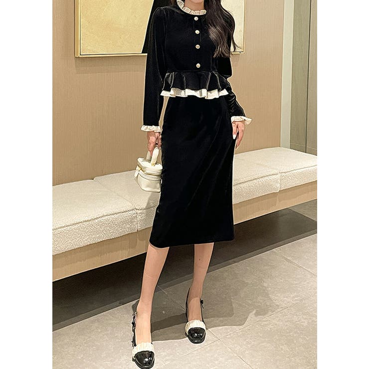 セットアップ ベロアジャケット タイトスカート[品番：JSFW0012553