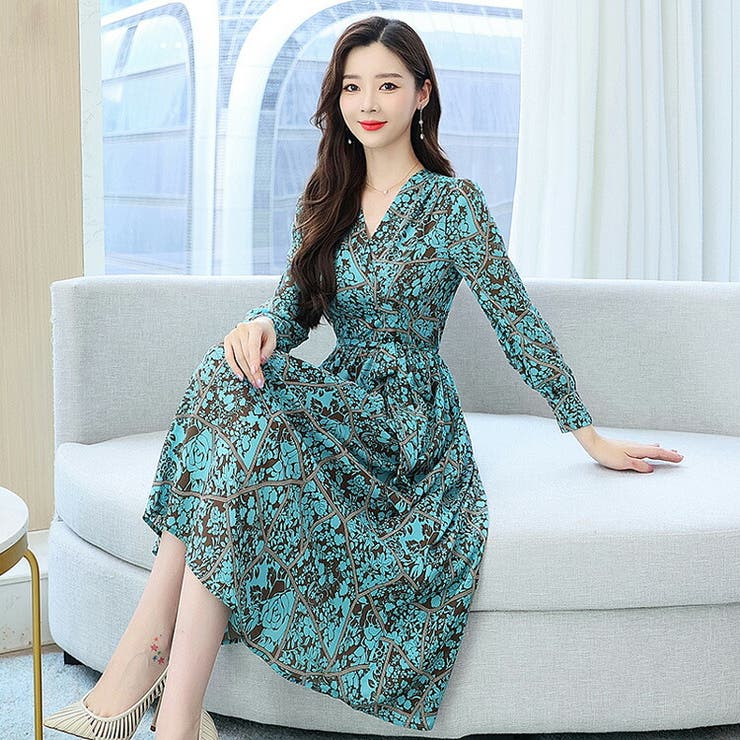 【新品】ブルーガール　シルクAラインワンピース リボン フリル 花柄 楽天市場】花柄ワンピース Aライン ワンピース Vネック