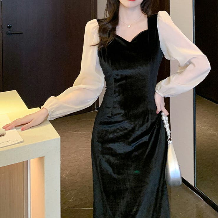 ベロアワンピース バイカラー シースルー袖 | JS FASHION | 詳細画像2 