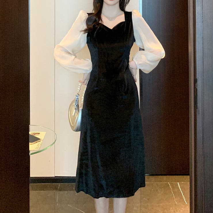 ベロアワンピース バイカラー シースルー袖 | JS FASHION | 詳細画像3 
