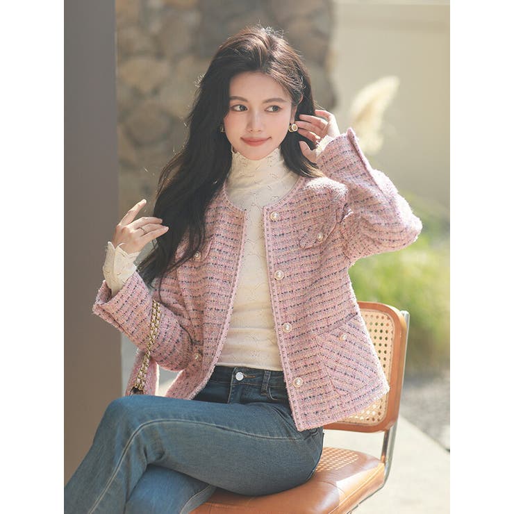 ツイードジャケット パールボタン ノーカラー[品番：JSFW0012483