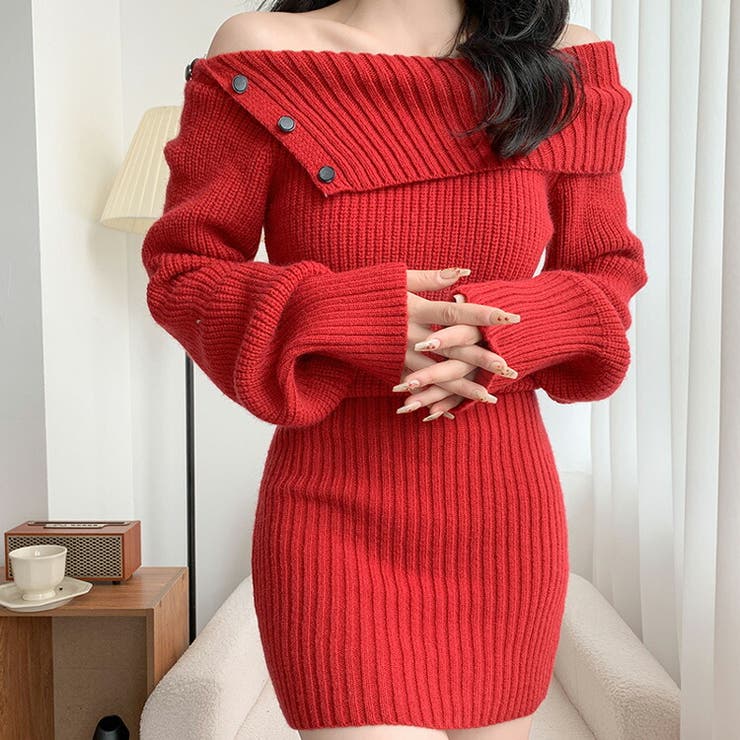 人気❣️ニットワンピース ロゴワンピース レディース　韓国 おふぃショルダー ニットワンピース 全4色[品番：JSFW0012446