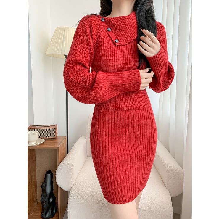 人気沸騰ブラドン おふぃショルダー ニットワンピース 全4色[品番：JSFW0012446 ワンピース