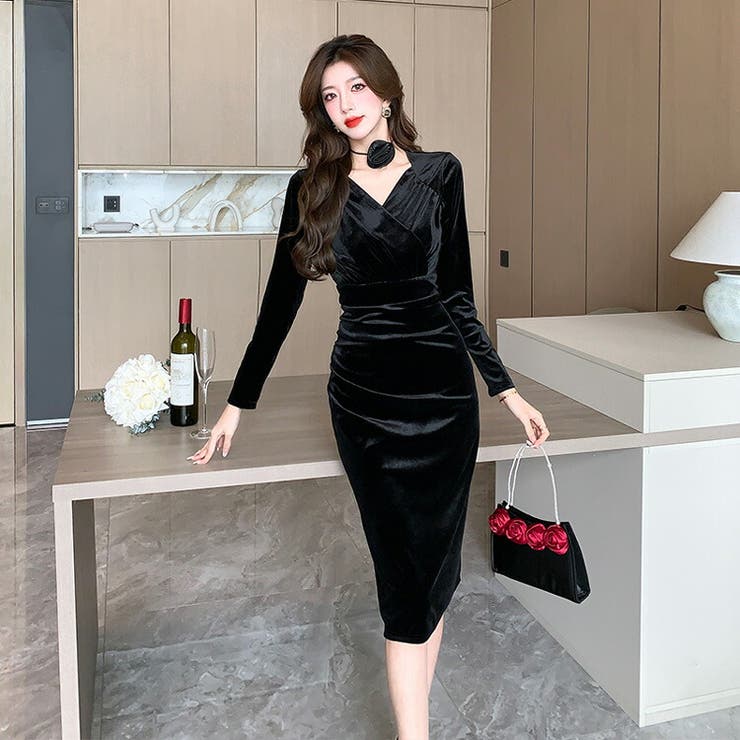 ベロアワンピ チョーカー付き タイトワンピ[品番：JSFW0012520]｜JS